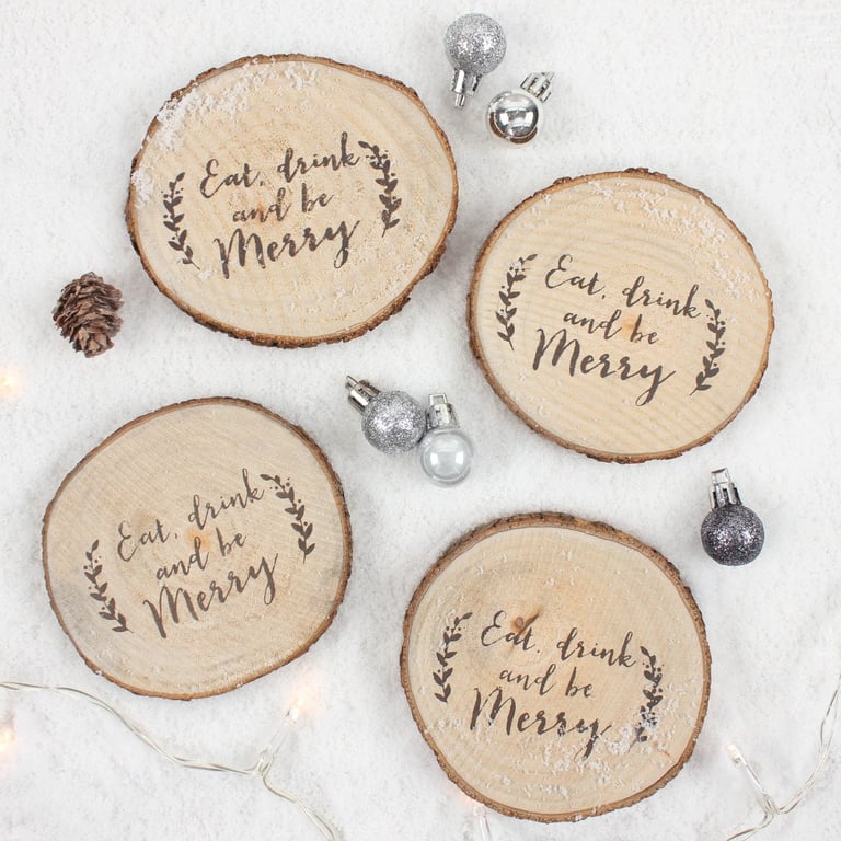 Wooden Log Coasters - Quirky Text Printed Set of 4