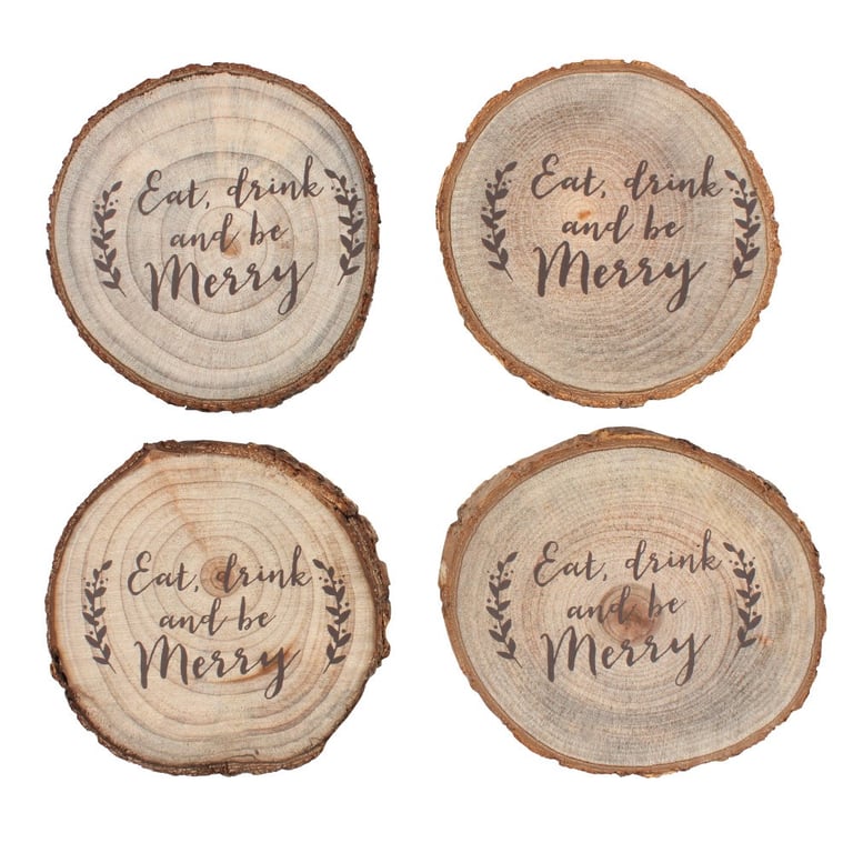 Wooden Log Coasters - Quirky Text Printed Set of 4