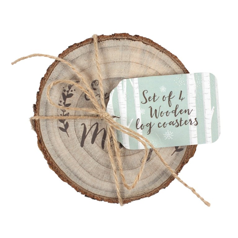 Wooden Log Coasters - Quirky Text Printed Set of 4