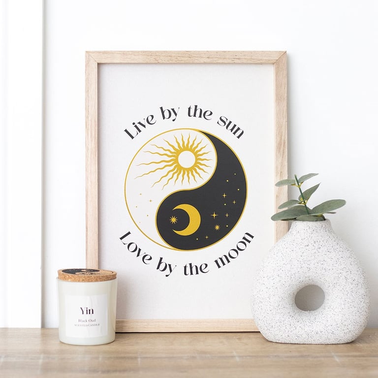 Yin Yang Wall Art - Harmony of Opposites Print with Sun Moon Design