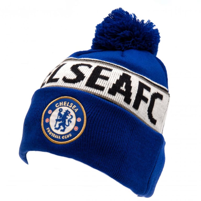 Chelsea FC Royal Text Ski Hat - Navy White Stripe Bobble Beanie with Crest