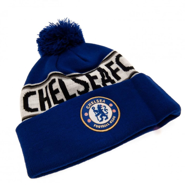 Chelsea FC Royal Text Ski Hat - Navy White Stripe Bobble Beanie with Crest