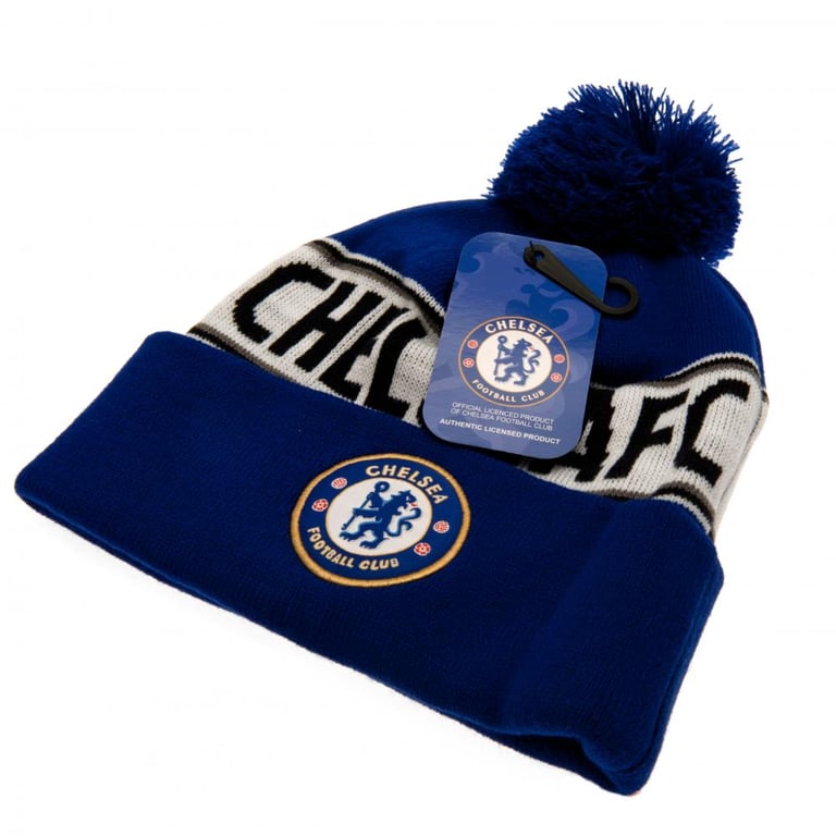 Chelsea FC Royal Text Ski Hat - Navy White Stripe Bobble Beanie with Crest