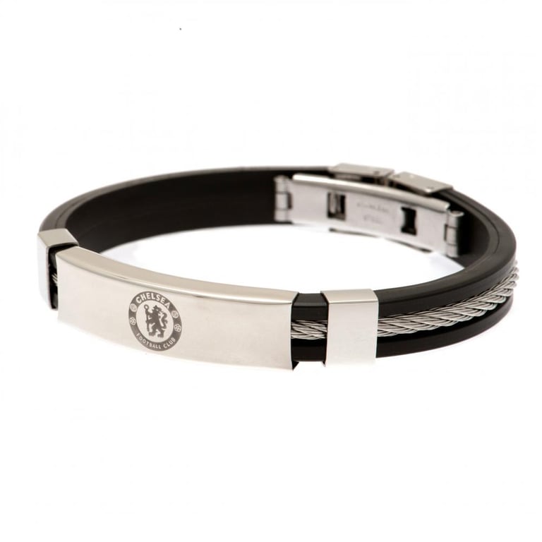 Chelsea FC Silver Inlay Silicone Bracelet - Official Club Crest Plate & Stainless Steel Clasp