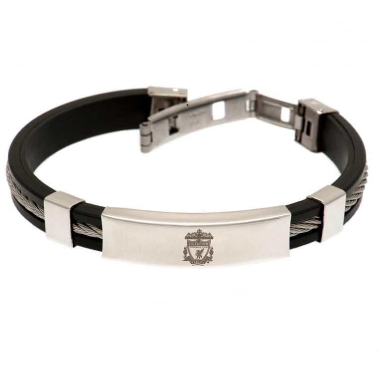 Liverpool FC Silver Inlay Silicone Bracelet - Black Silicone with Stainless Steel Crest Plate and Deployment Clasp
