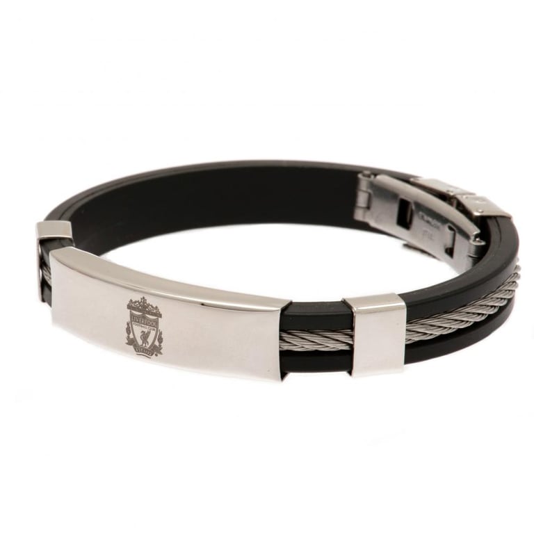 Liverpool FC Silver Inlay Silicone Bracelet - Black Silicone with Stainless Steel Crest Plate and Deployment Clasp