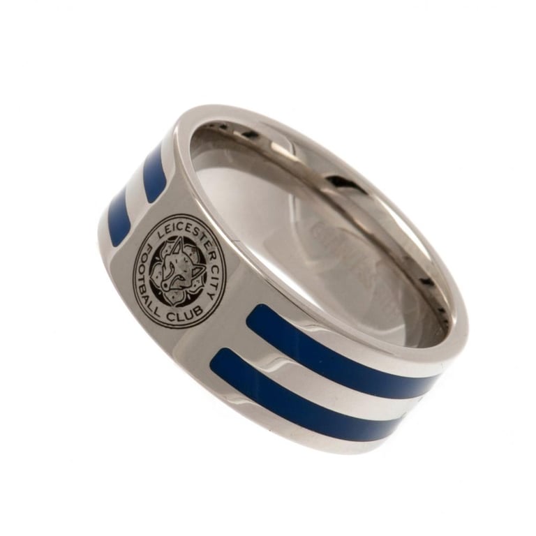 Leicester City FC Colour Stripe Stainless Steel Ring - Chrome Finish Engraved Crest