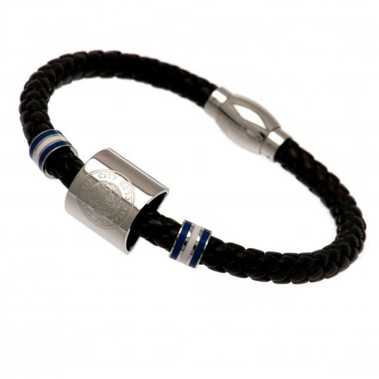 Leicester City FC Colour Ring Leather Bracelet - Genuine Leather, Stainless Steel Clasp & Crest Engraving