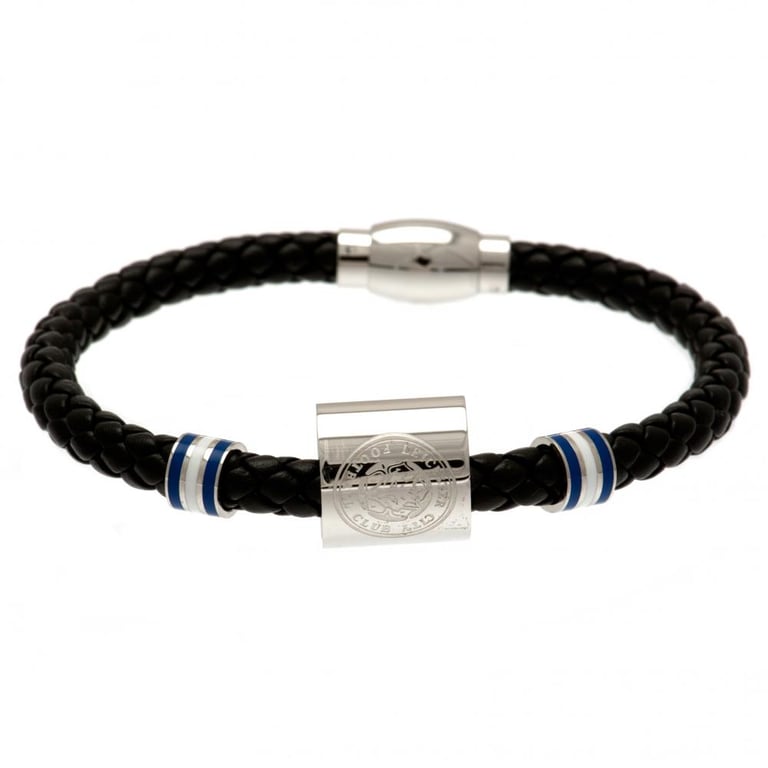 Leicester City FC Colour Ring Leather Bracelet - Genuine Leather, Stainless Steel Clasp & Crest Engraving