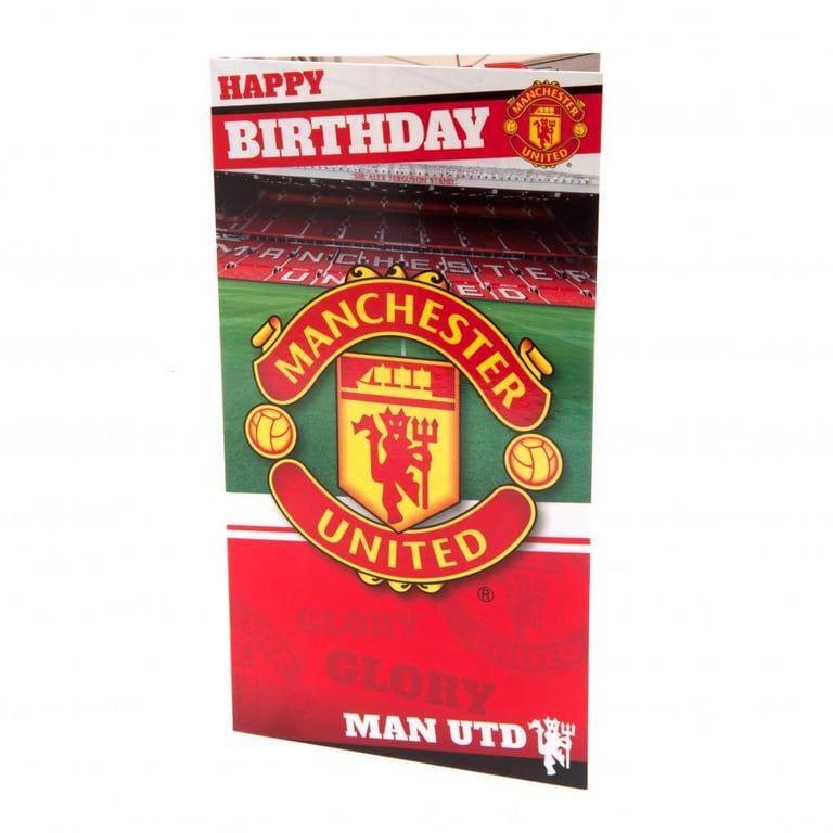 Manchester United FC Stadium Birthday Card - Red Gloss Finish with Official Crest and The United Trinity Image