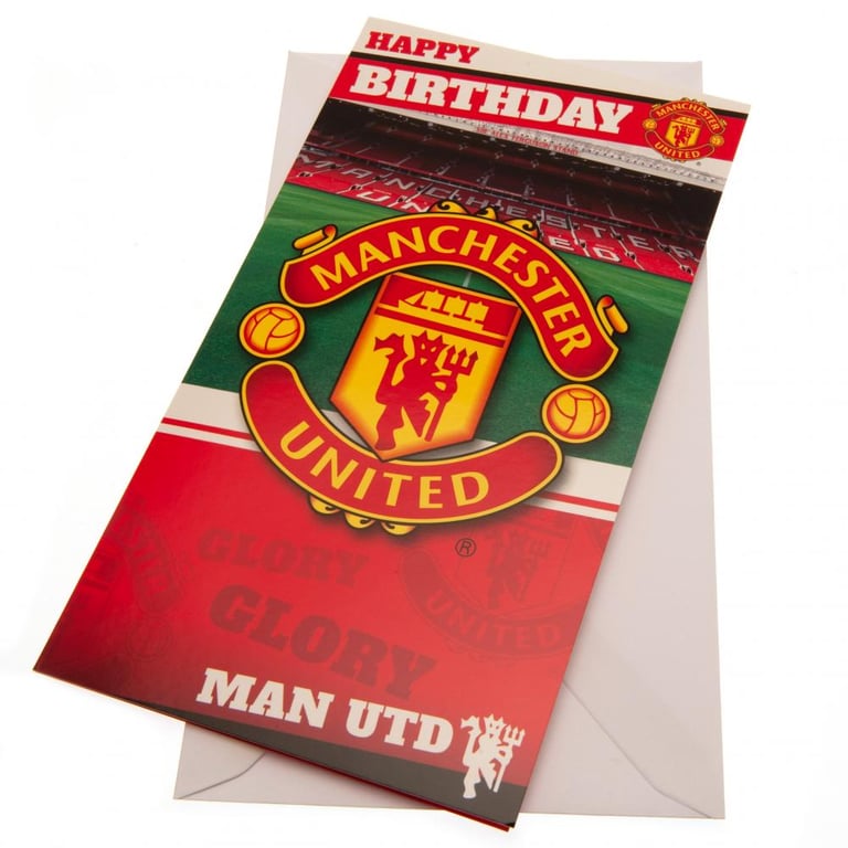 Manchester United FC Stadium Birthday Card - Red Gloss Finish with Official Crest and The United Trinity Image