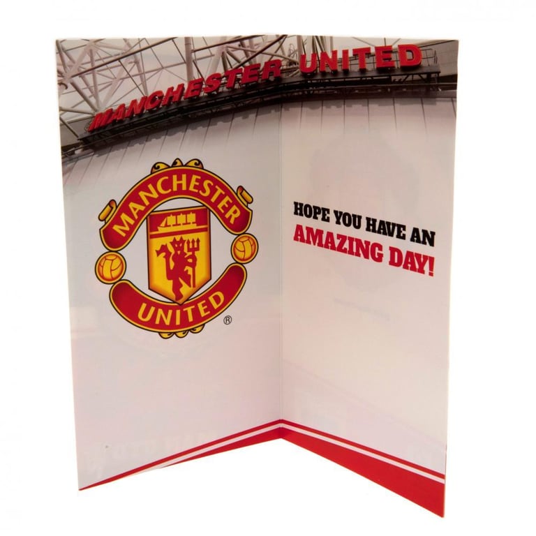 Manchester United FC Stadium Birthday Card - Red Gloss Finish with Official Crest and The United Trinity Image