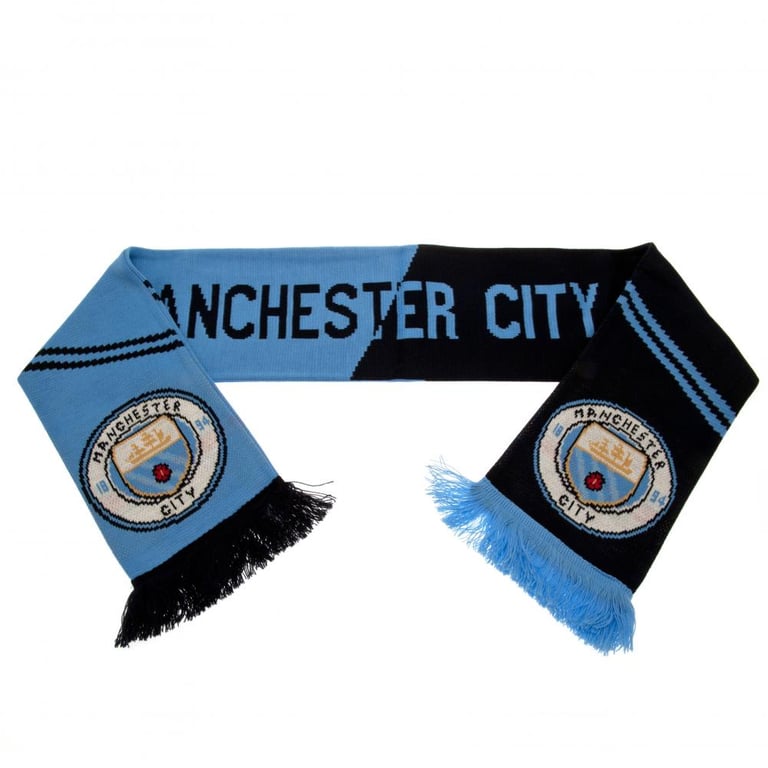 Manchester City FC Vertigo Scarf - Sky Blue Navy Jacquard Football Club Crest Scarf with Contrast Fringe