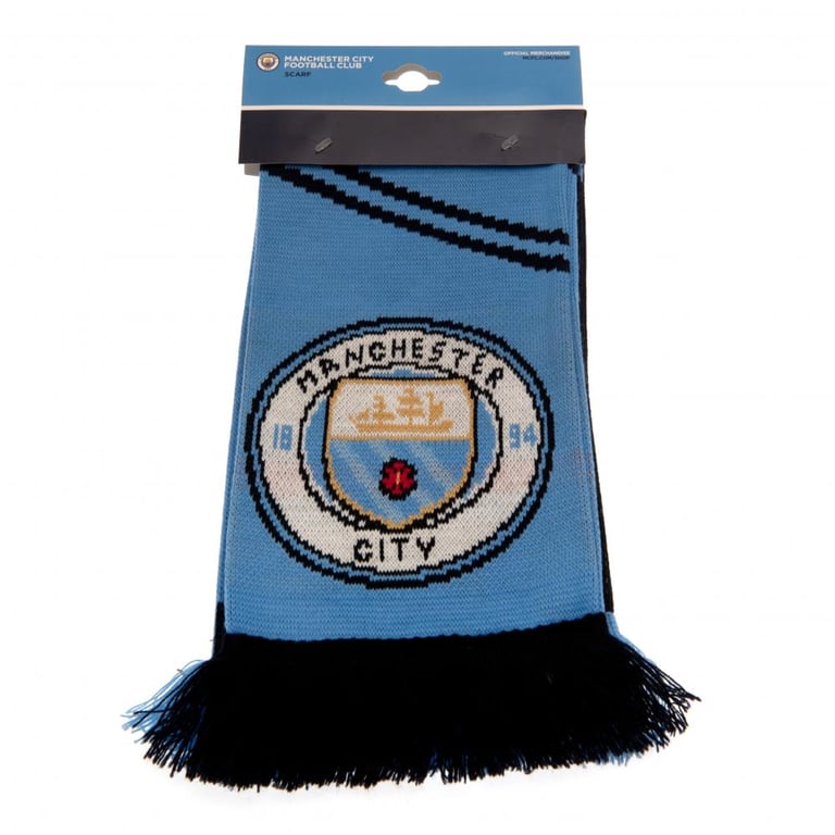 Manchester City FC Vertigo Scarf - Sky Blue Navy Jacquard Football Club Crest Scarf with Contrast Fringe