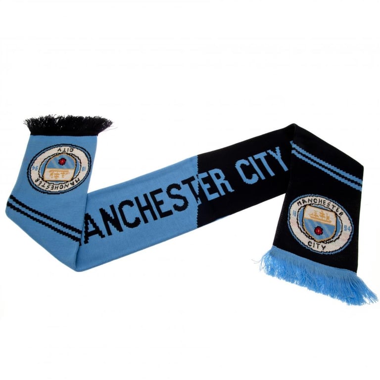 Manchester City FC Vertigo Scarf - Sky Blue Navy Jacquard Football Club Crest Scarf with Contrast Fringe