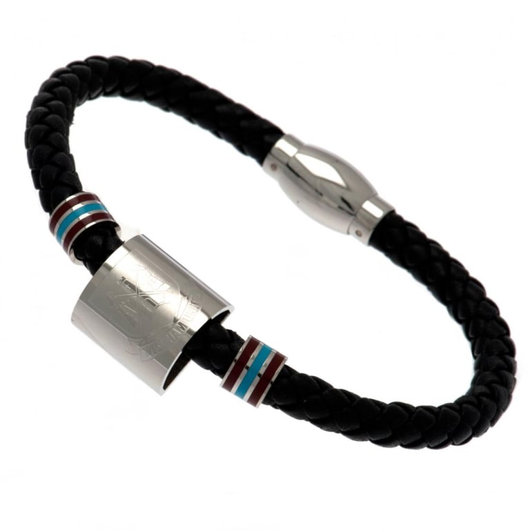 West Ham United FC Genuine Leather Club Crest Bracelet with Stainless Steel Colour Rings