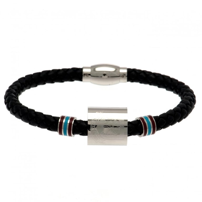 West Ham United FC Genuine Leather Club Crest Bracelet with Stainless Steel Colour Rings