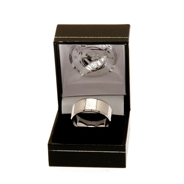 Manchester City FC Engraved Stainless Steel Band Ring with Chrome Finish and Club Crest