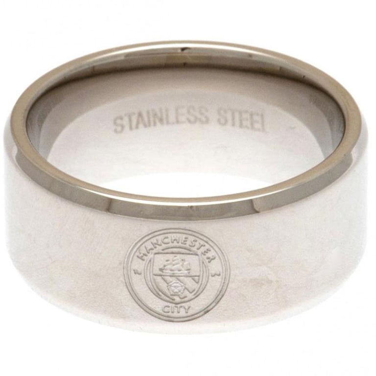 Manchester City FC Stainless Steel Band Ring - Large Size Chrome Finish Club Crest Engraved Ring
