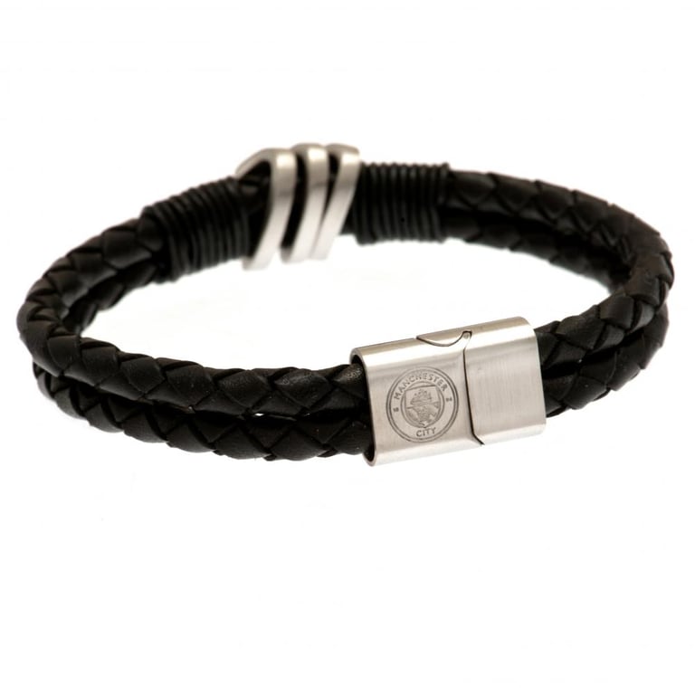 Manchester City FC Genuine Leather Twin Rope Design Bracelet with Club Crest and Magnetic Clasp