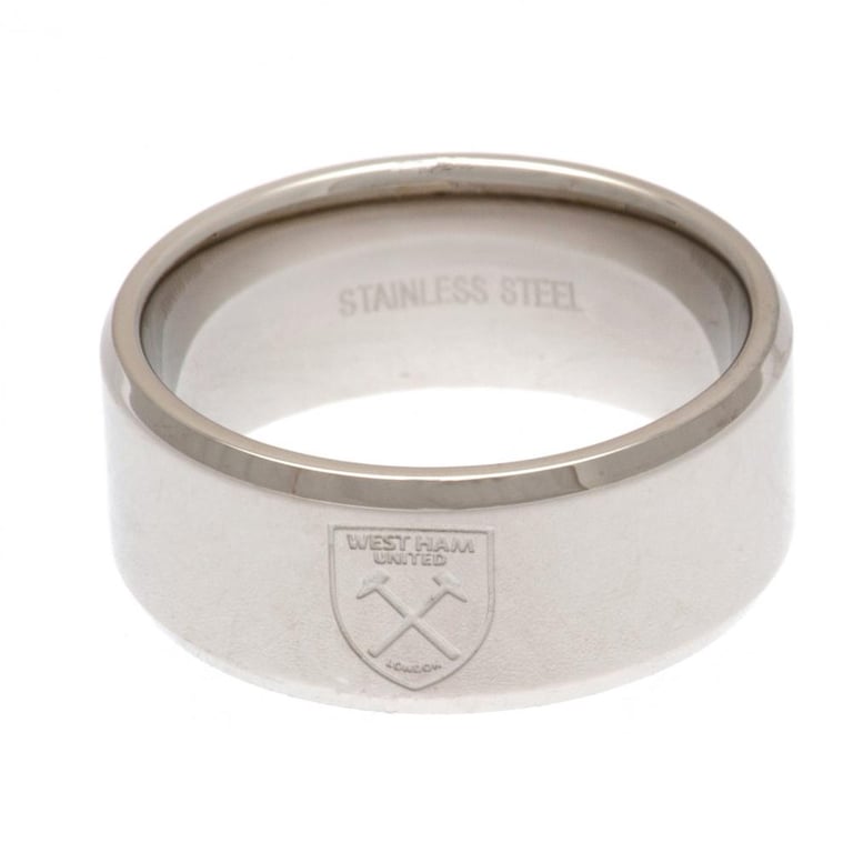 West Ham United FC Stainless Steel Band Ring with Chrome Finish and Club Crest Engraving