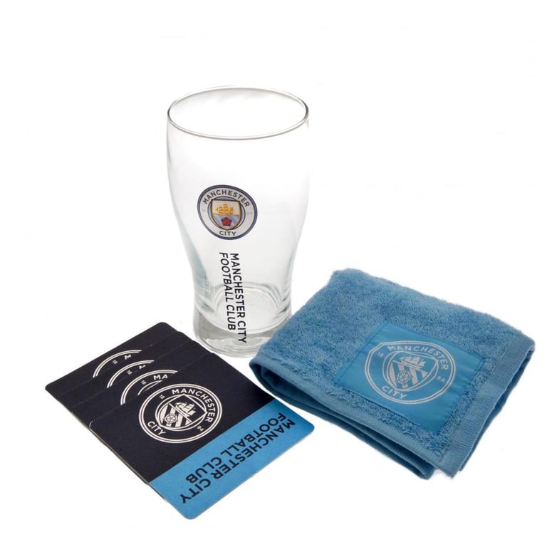 Manchester City FC Mini Bar Set - Includes Pint Glass, Beer Mats & Sky Blue Towel