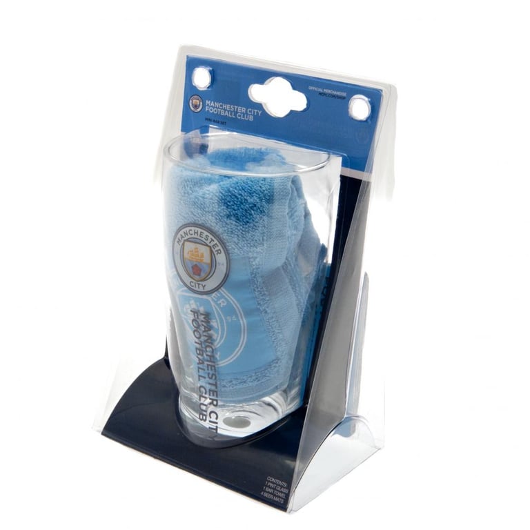 Manchester City FC Mini Bar Set - Includes Pint Glass, Beer Mats & Sky Blue Towel