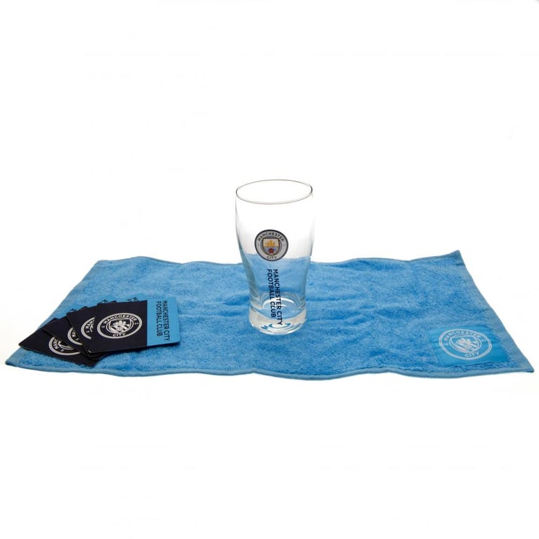 Manchester City FC Mini Bar Set - Includes Pint Glass, Beer Mats & Sky Blue Towel
