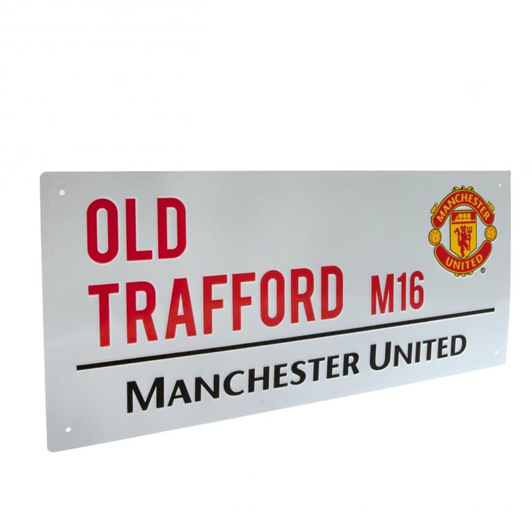 Manchester United FC White Street Sign - Gloss Finish Metal Wall Sign from Old Trafford M16 Road