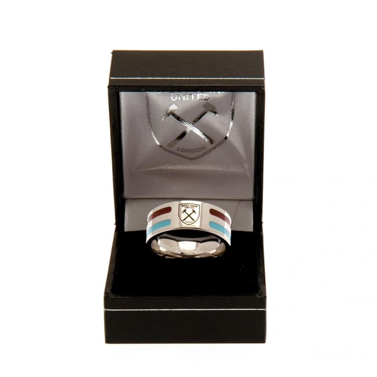 West Ham United FC Colour Stripe Stainless Steel Ring with Hammers Crest Engraving