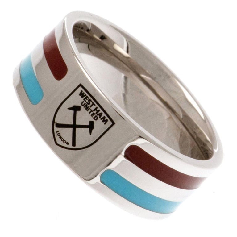 West Ham United FC Colour Stripe Stainless Steel Ring with Hammers Crest Engraving