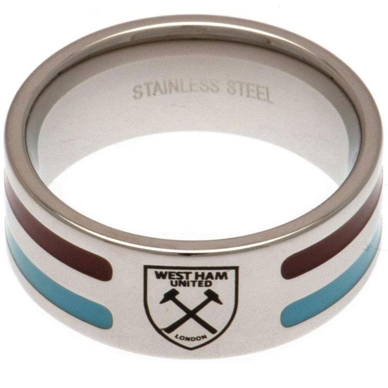 West Ham United FC Colour Stripe Stainless Steel Ring with Hammers Crest Engraving