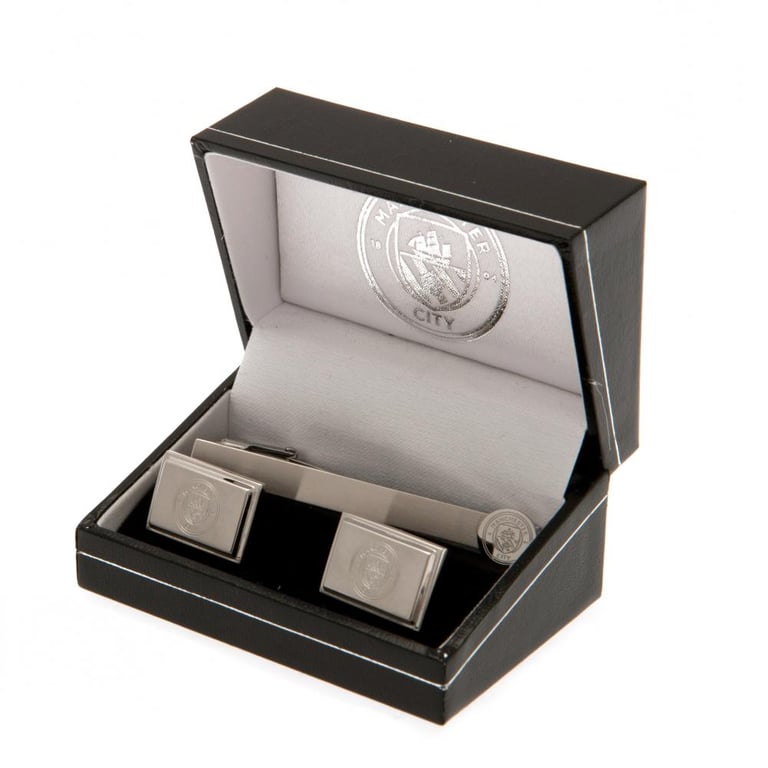 Manchester City FC Tie Slide & Cufflink Set - Executive Stainless Steel Crest Pin & Satin Finish Engraved Accessories