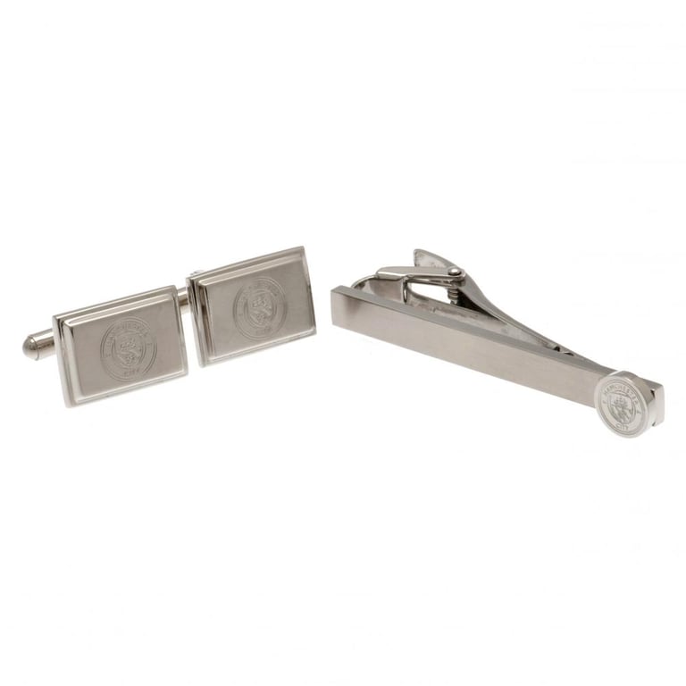 Manchester City FC Tie Slide & Cufflink Set - Executive Stainless Steel Crest Pin & Satin Finish Engraved Accessories