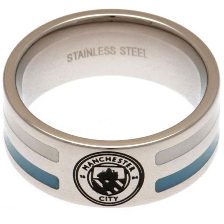 Manchester City FC Colour Stripe Stainless Steel Ring with Engraved Crest and Chrome Finish