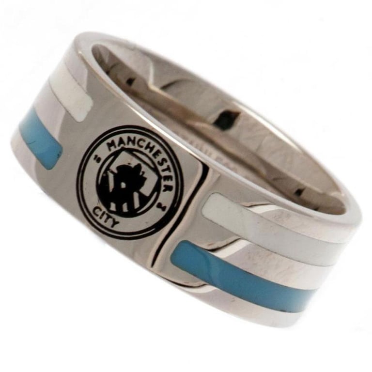 Manchester City FC Colour Stripe Stainless Steel Ring with Engraved Crest and Chrome Finish