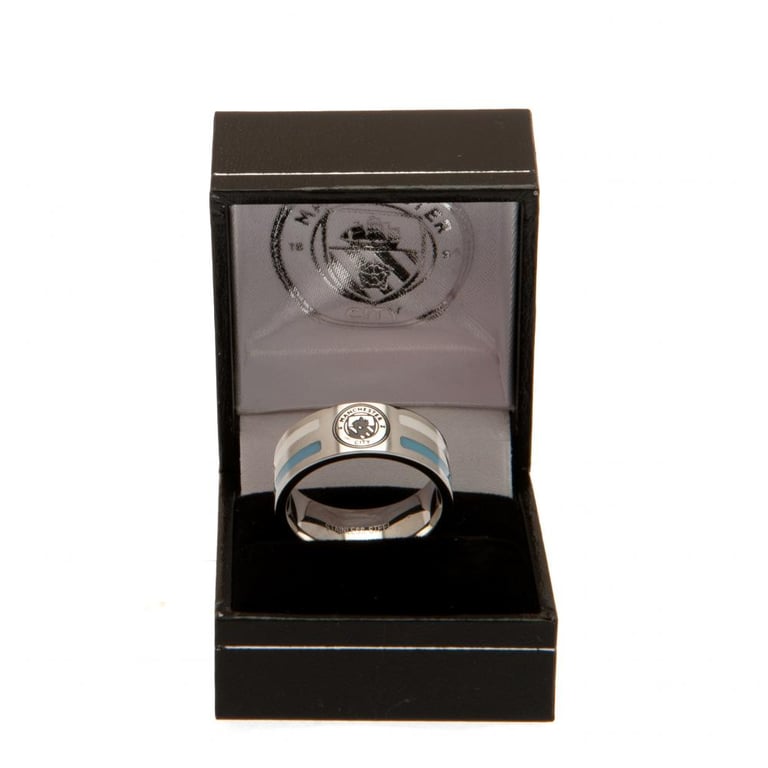 Manchester City FC Colour Stripe Stainless Steel Ring with Engraved Crest and Chrome Finish
