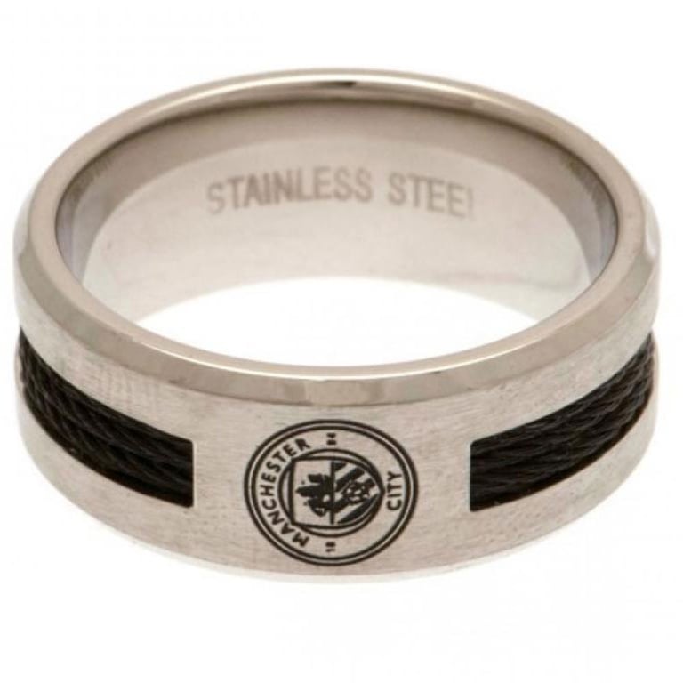 Manchester City FC Black Inlay Stainless Steel Ring with Brushed Satin Finish and Engraved Crest