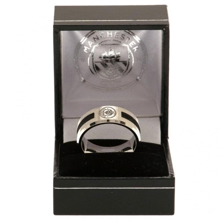 Manchester City FC Black Inlay Stainless Steel Ring with Brushed Satin Finish and Engraved Crest