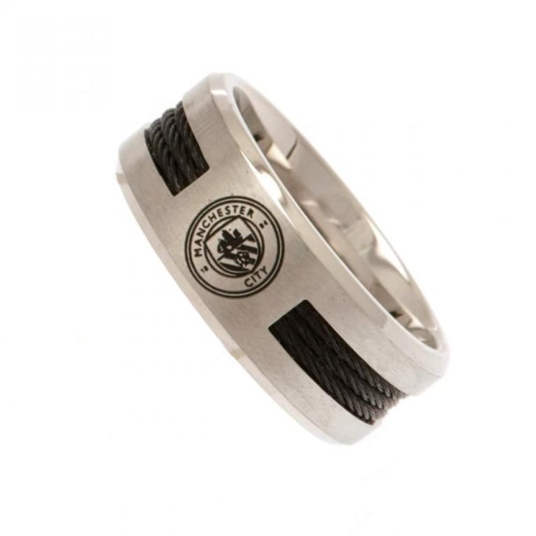 Manchester City FC Black Inlay Stainless Steel Ring with Brushed Satin Finish and Engraved Crest