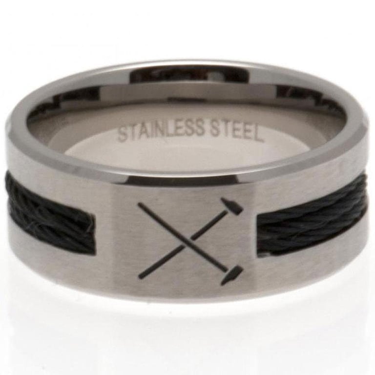 West Ham United FC Stainless Steel Ring - Black Rope Insert & Brushed Satin Finish, Large HM Logo Engraved