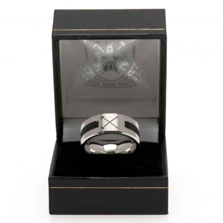 West Ham United FC Stainless Steel Ring - Black Rope Insert & Brushed Satin Finish, Large HM Logo Engraved