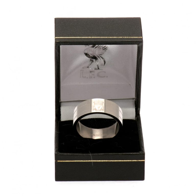 Liverpool FC Stainless Steel Crest Ring - Stripe Design and Engraved Liverpool Badge