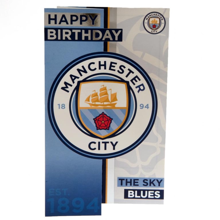 Manchester City FC Sky Blues Colourful Fold-Out Birthday Card with Cut Out Crest Design