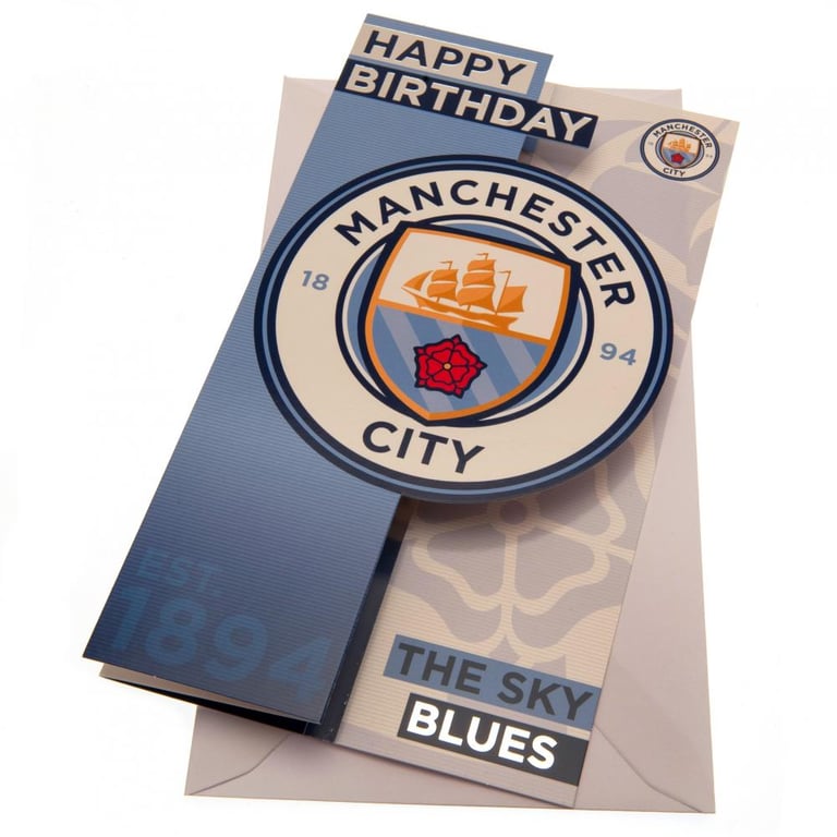 Manchester City FC Sky Blues Colourful Fold-Out Birthday Card with Cut Out Crest Design