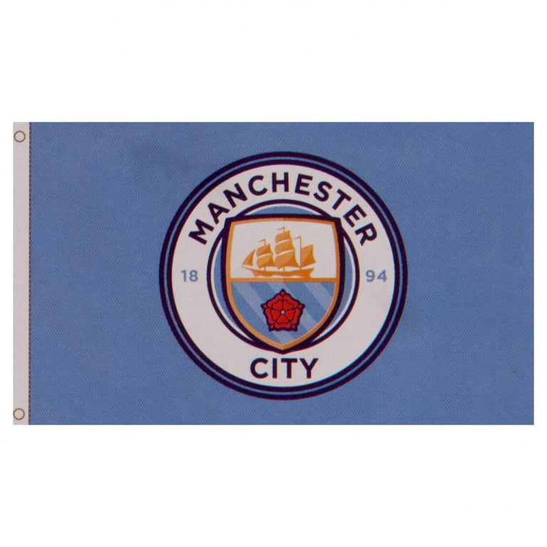 Manchester City FC 100 Polyester Supporters Flag with Full Colour Crest and Sky Blue Background