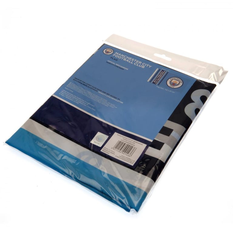Manchester City FC 100 Polyester Supporters Flag - Sky Blue Wordmark Design with Navy Stripe and City Crest