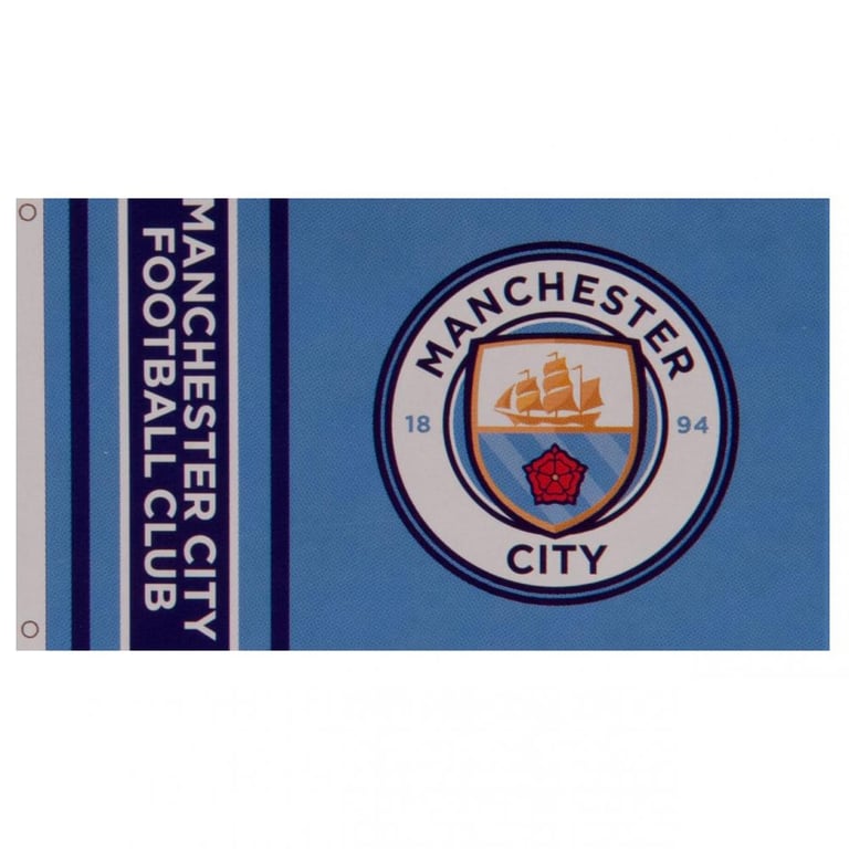 Manchester City FC 100 Polyester Supporters Flag - Sky Blue Wordmark Design with Navy Stripe and City Crest