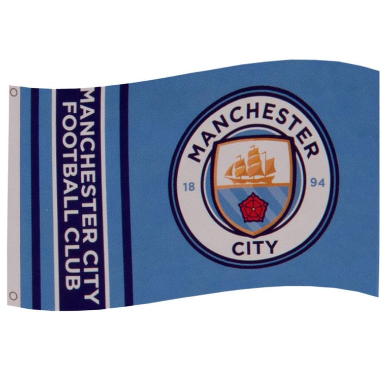 Manchester City FC 100 Polyester Supporters Flag - Sky Blue Wordmark Design with Navy Stripe and City Crest