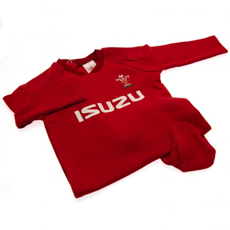 Wales Rugby 9/12 Months Cotton Sleepsuit - Red Home Kit Design with Embroidered Crest